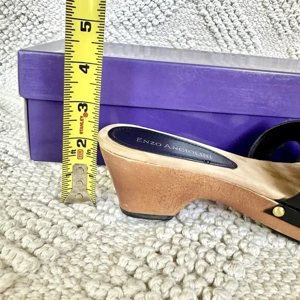 Enzo Angiolini Womens 5.5 Black Sandals Wood Heel Slide On Strap Fashion Y2k 90s